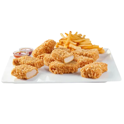 وجبة 10 قطع ناجتس دجاج الطازج الذهبية والمقرمشة من الصدر الصافي مع بطاطس