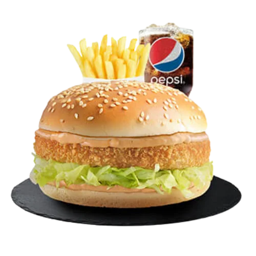 وجبة برجر دجاج تازا المقرمش الأصلي، مع بطاطس ومشروب.