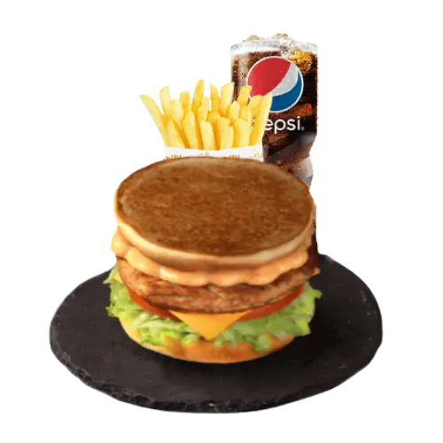 الطازج برجر دجاج مشوي على الفحم بطاطس و مشروب