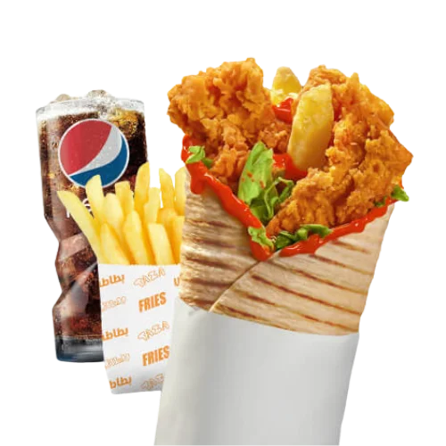 وجبة رول تكا طازج بتيندرز دجاج مقرمشة وصوص تكا في خبز تورتيلا مشوي مع بطاطس و مشروب