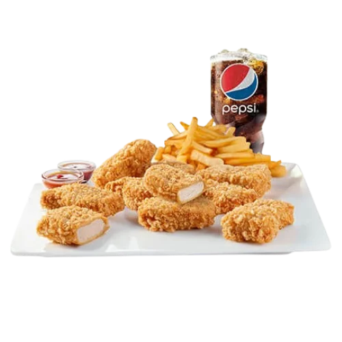 وجبة 10 قطع ناجتس دجاج الطازج الذهبية والمقرمشة من الصدر الصافي مع بطاطس ومشروب
