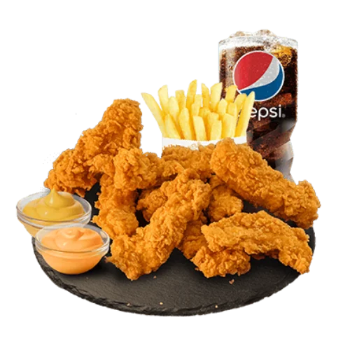 وجبة 9 قطع تيندرز دجاج من الطازج مع نوعين صوص وبطاطس ومشروب